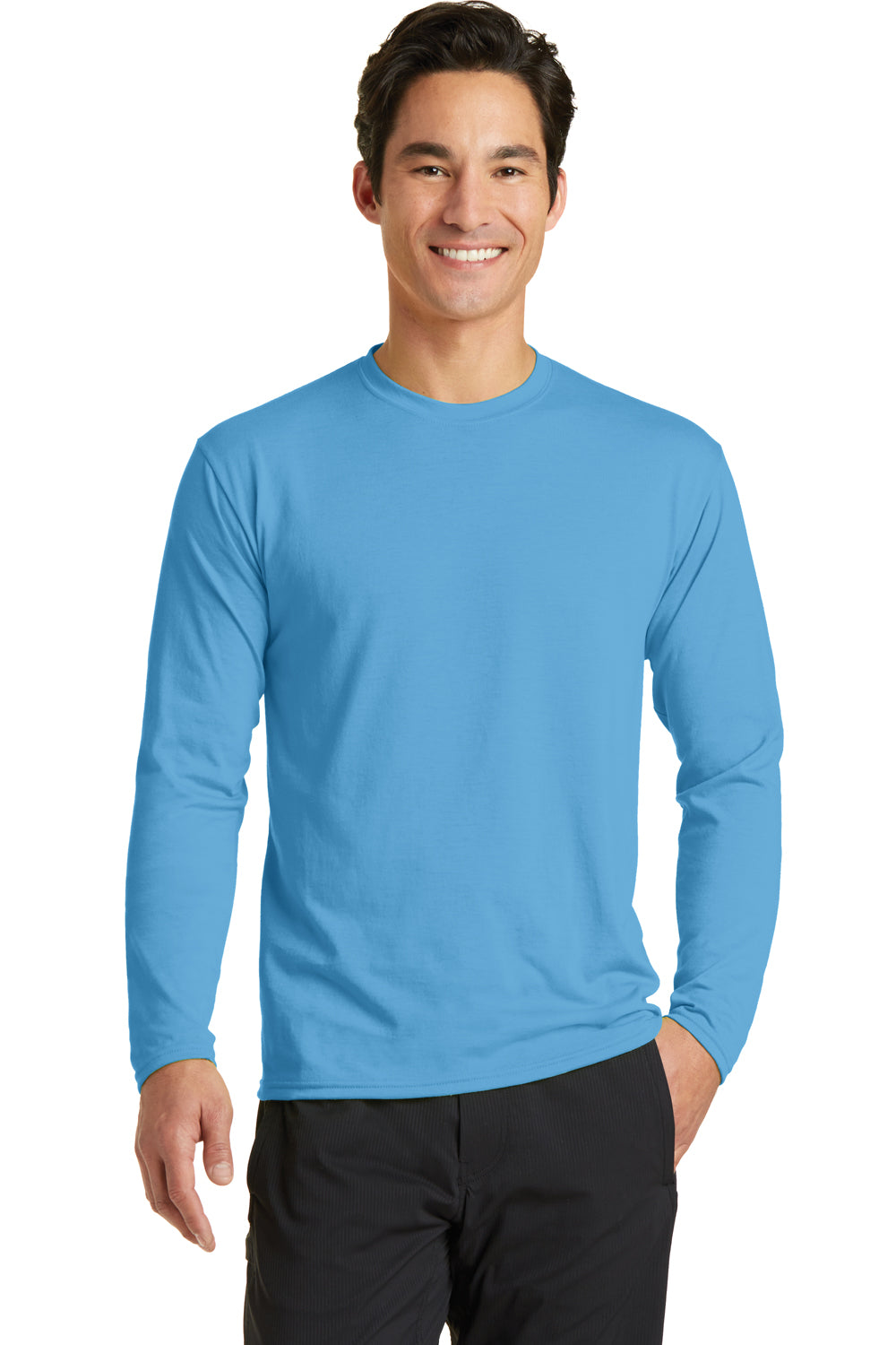 Port & Company PC381LS Mens Dry Zone Performance Moisture Wicking Long Sleeve Crewneck T-Shirt Aqua Blue Front