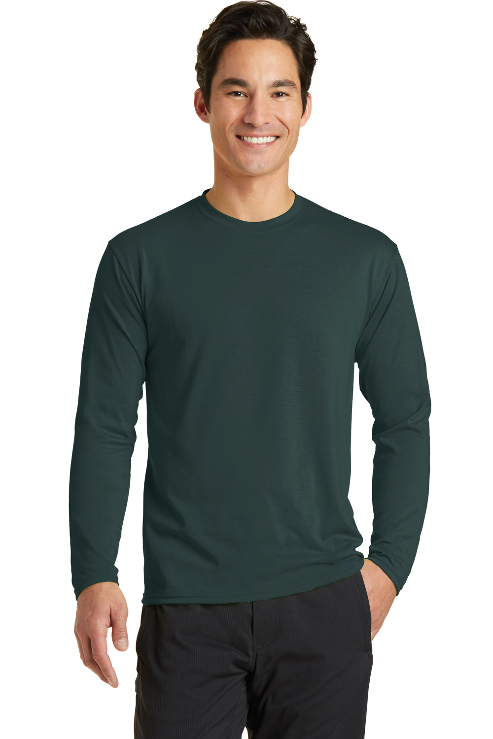 Port & Company PC381LS Mens Dry Zone Performance Moisture Wicking Long Sleeve Crewneck T-Shirt Dark Green Front