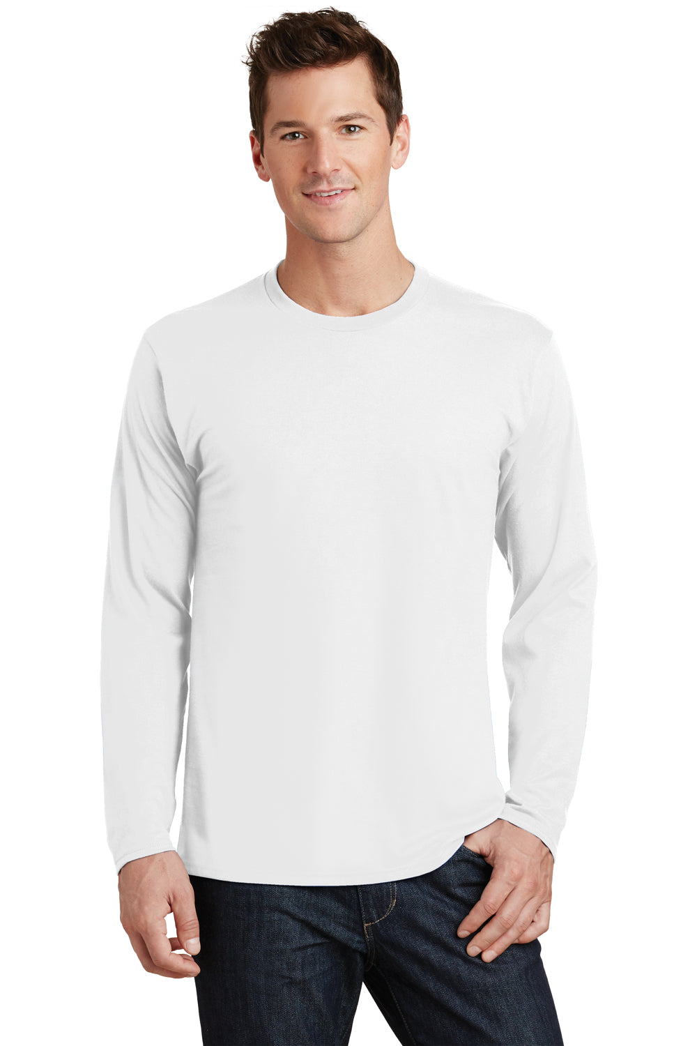 Port & Company PC450LS Mens Fan Favorite Long Sleeve Crewneck T-Shirt White Front