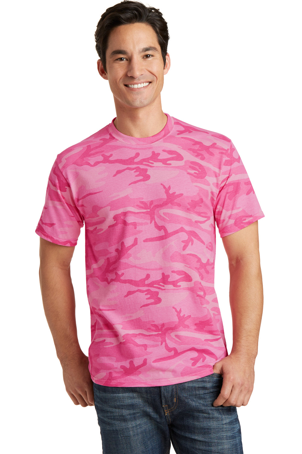 Port & Company PC54C Mens Core Short Sleeve Crewneck T-Shirt Pink Camo Front