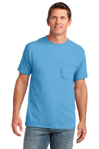 Port & Company PC54P Mens Core Short Sleeve Crewneck T-Shirt w/ Pocket Aqua Blue Front