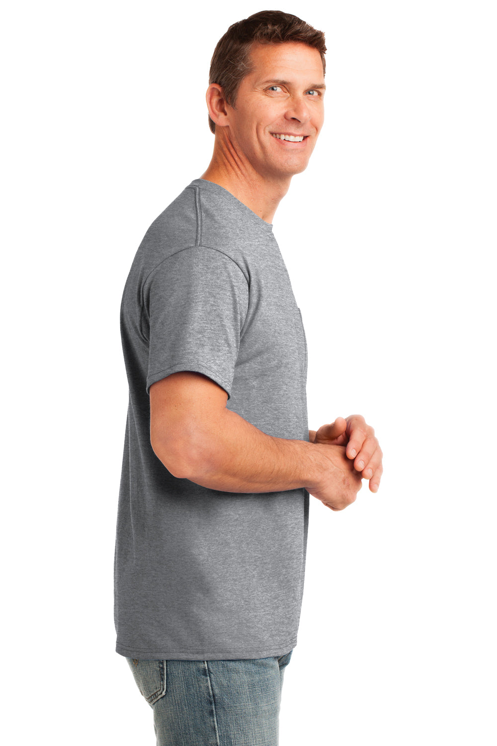 Port & Company PC54P Mens Core Short Sleeve Crewneck T-Shirt w/ Pocket Heather Grey Side