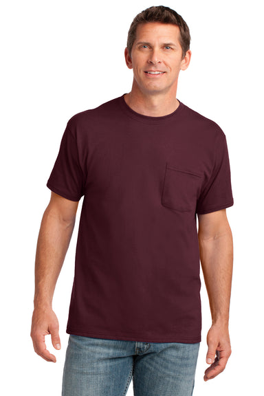Port & Company PC54P Mens Core Short Sleeve Crewneck T-Shirt w/ Pocket Maroon Front