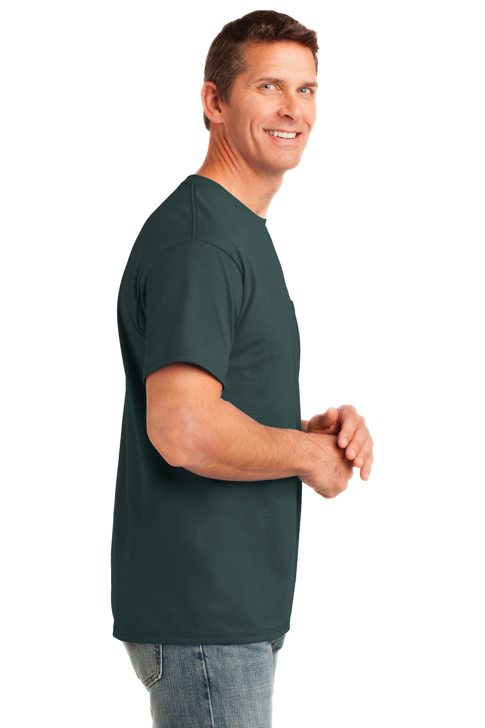 Port & Company PC54P Mens Core Short Sleeve Crewneck T-Shirt w/ Pocket Dark Green Side