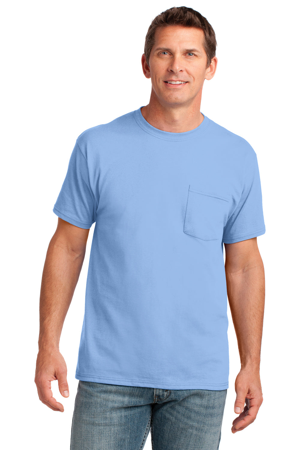 Port & Company PC54P Mens Core Short Sleeve Crewneck T-Shirt w/ Pocket Light Blue Front