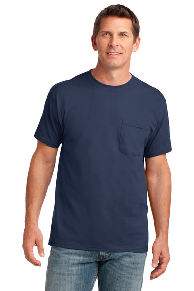 Port & Company PC54P Mens Core Short Sleeve Crewneck T-Shirt w/ Pocket Navy Blue Front