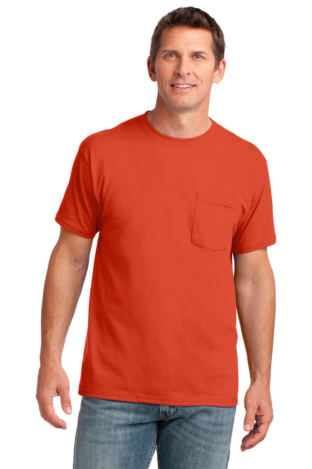 Port & Company PC54P Mens Core Short Sleeve Crewneck T-Shirt w/ Pocket Orange Front