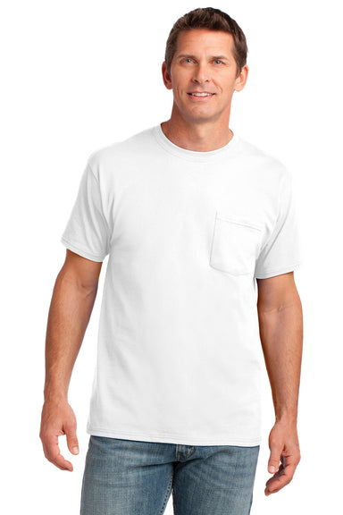 Port & Company PC54P Mens Core Short Sleeve Crewneck T-Shirt w/ Pocket White Front