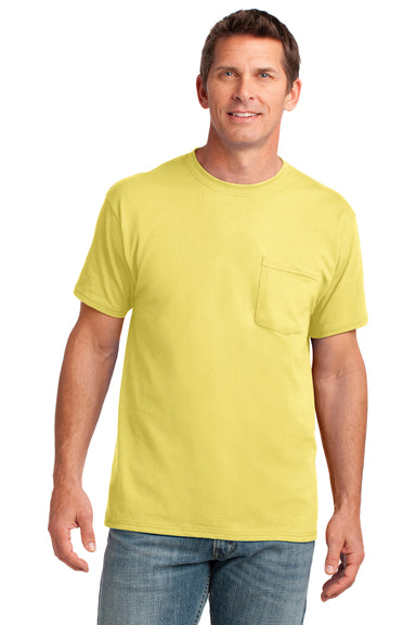 Port & Company PC54P Mens Core Short Sleeve Crewneck T-Shirt w/ Pocket Yellow Front