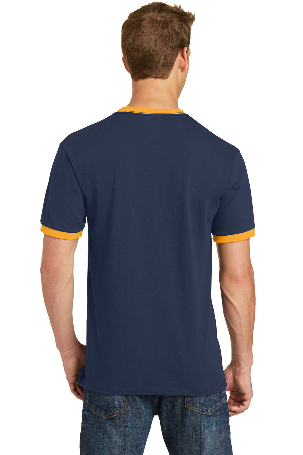 Port & Company PC54R Mens Core Ringer Short Sleeve Crewneck T-Shirt Navy Blue/Gold Back