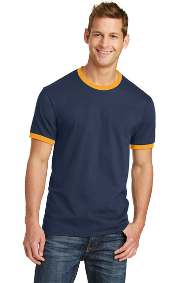 Port & Company PC54R Mens Core Ringer Short Sleeve Crewneck T-Shirt Navy Blue/Gold Front