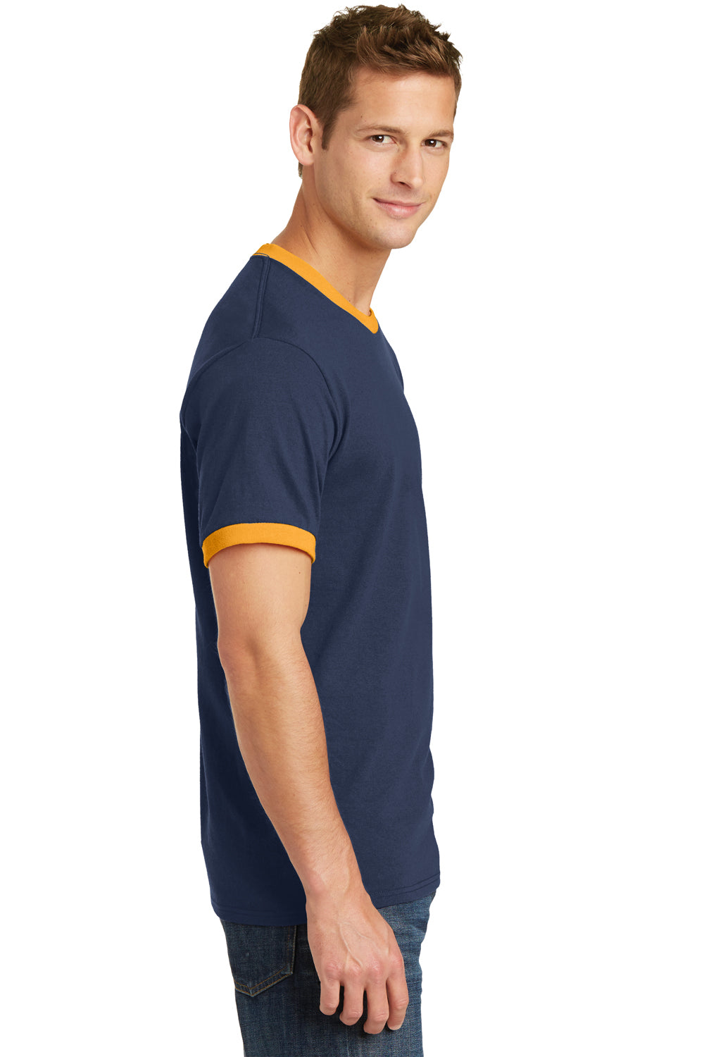 Port & Company PC54R Mens Core Ringer Short Sleeve Crewneck T-Shirt Navy Blue/Gold Side