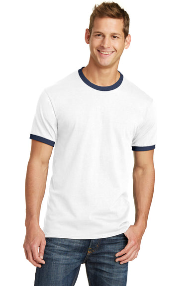 Port & Company PC54R Mens Core Ringer Short Sleeve Crewneck T-Shirt White/Navy Blue Front