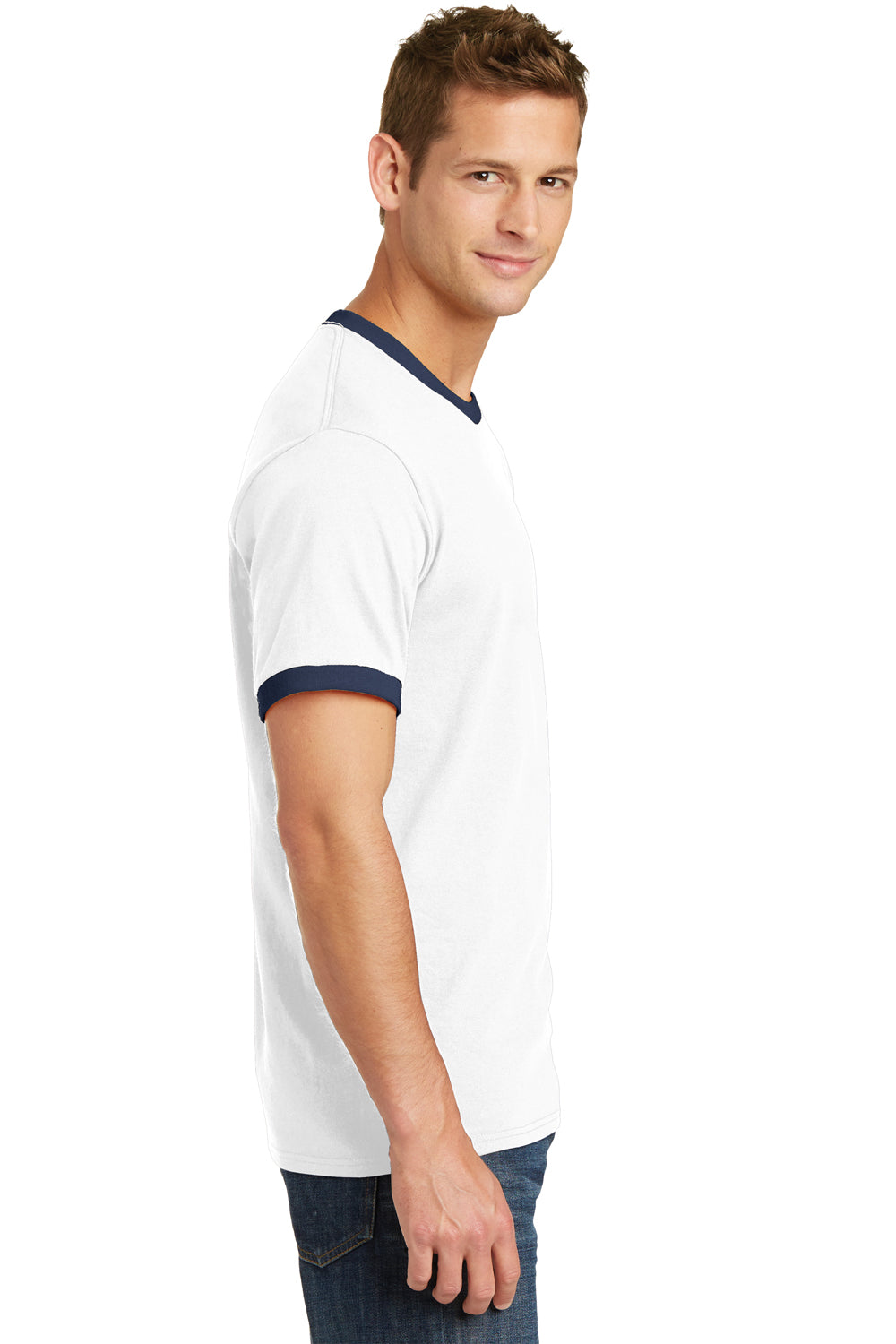 Port & Company PC54R Mens Core Ringer Short Sleeve Crewneck T-Shirt White/Navy Blue Side