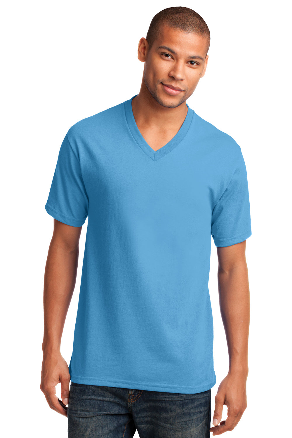 Port & Company PC54V Mens Core Short Sleeve V-Neck T-Shirt Aqua Blue Front