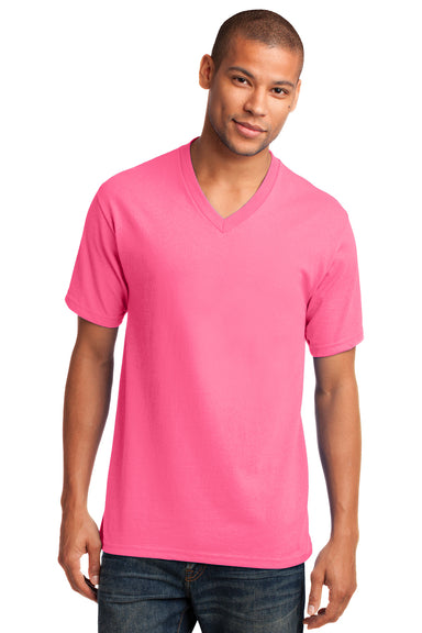 Port & Company PC54V Mens Core Short Sleeve V-Neck T-Shirt Neon Pink Front