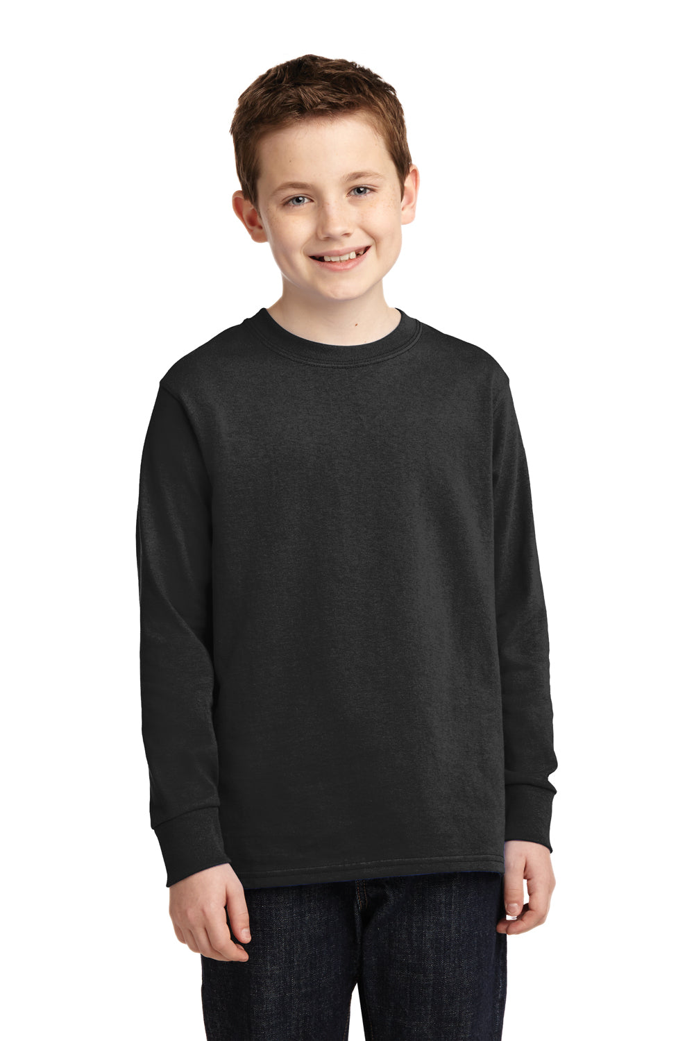 Port & Company PC54YLS Youth Core Long Sleeve Crewneck T-Shirt Black Front
