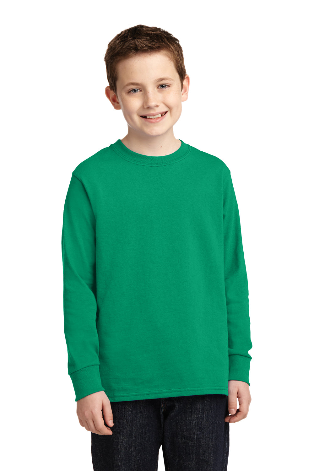 Port & Company PC54YLS Youth Core Long Sleeve Crewneck T-Shirt Kelly Green Front