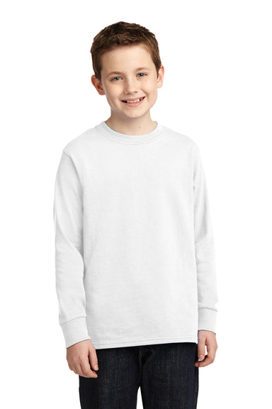 Port & Company PC54YLS Youth Core Long Sleeve Crewneck T-Shirt White Front