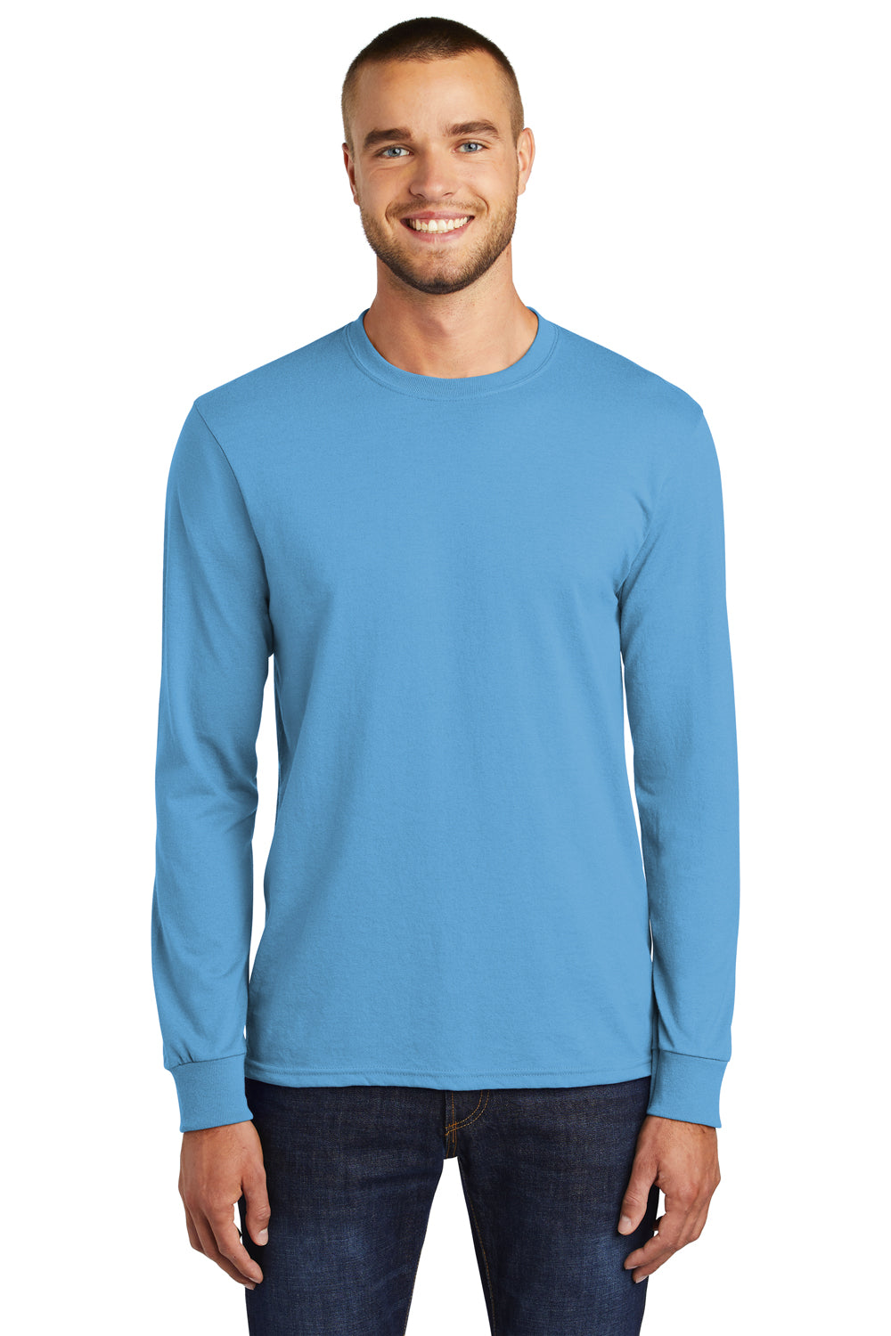 Port & Company PC55LS Mens Core Long Sleeve Crewneck T-Shirt Aqua Blue Front
