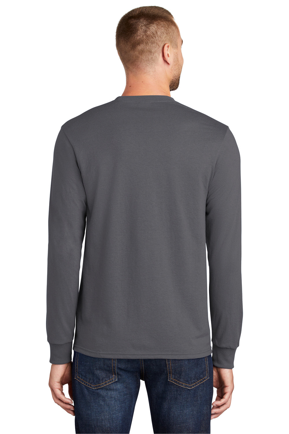 Port & Company PC55LS Mens Core Long Sleeve Crewneck T-Shirt Charcoal Grey Back