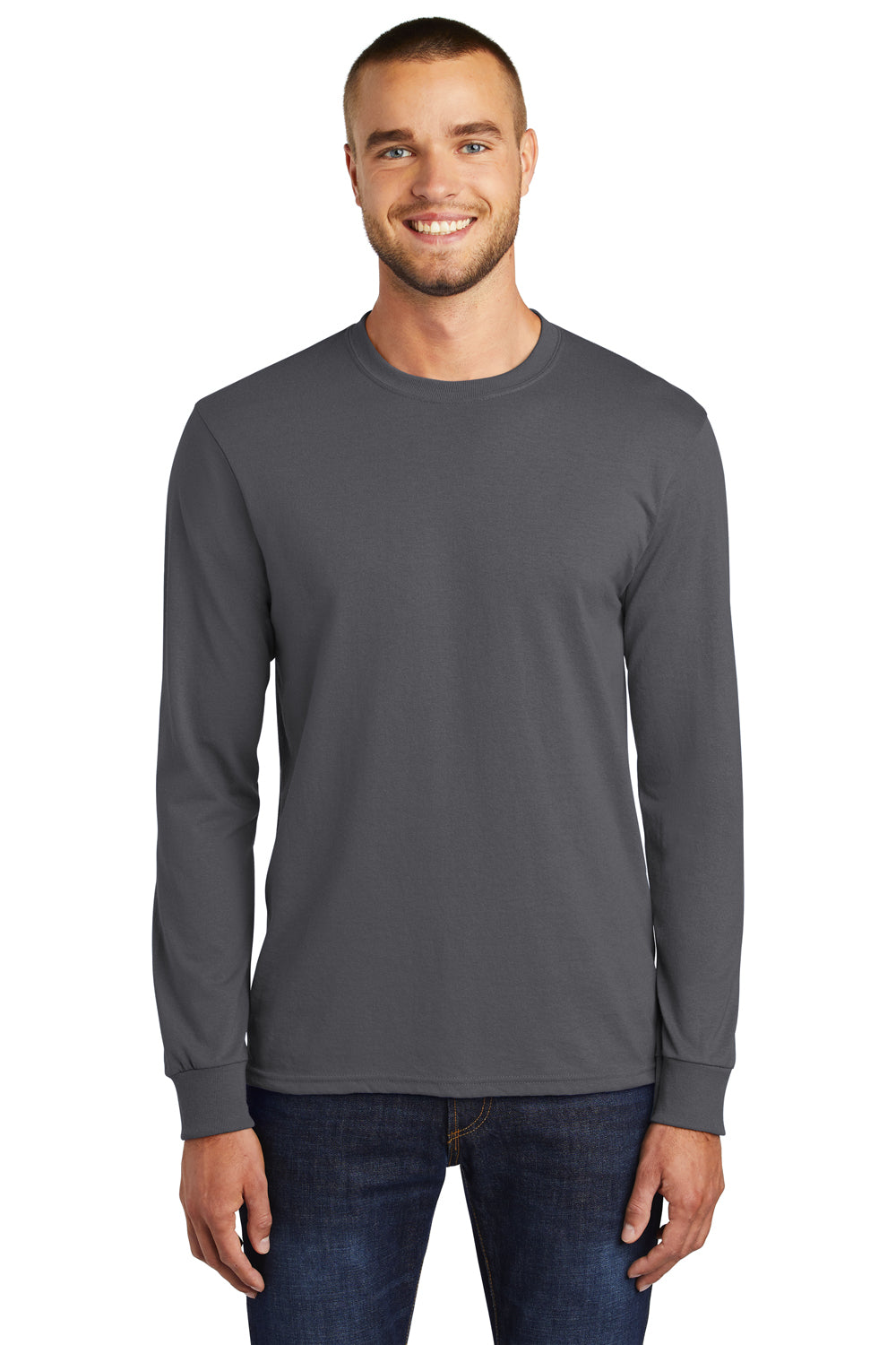 Port & Company PC55LS Mens Core Long Sleeve Crewneck T-Shirt Charcoal Grey Front
