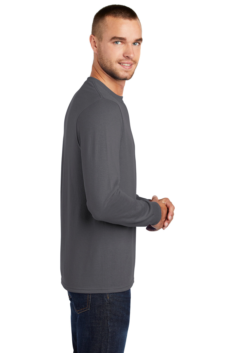Port & Company PC55LS Mens Core Long Sleeve Crewneck T-Shirt Charcoal Grey Side