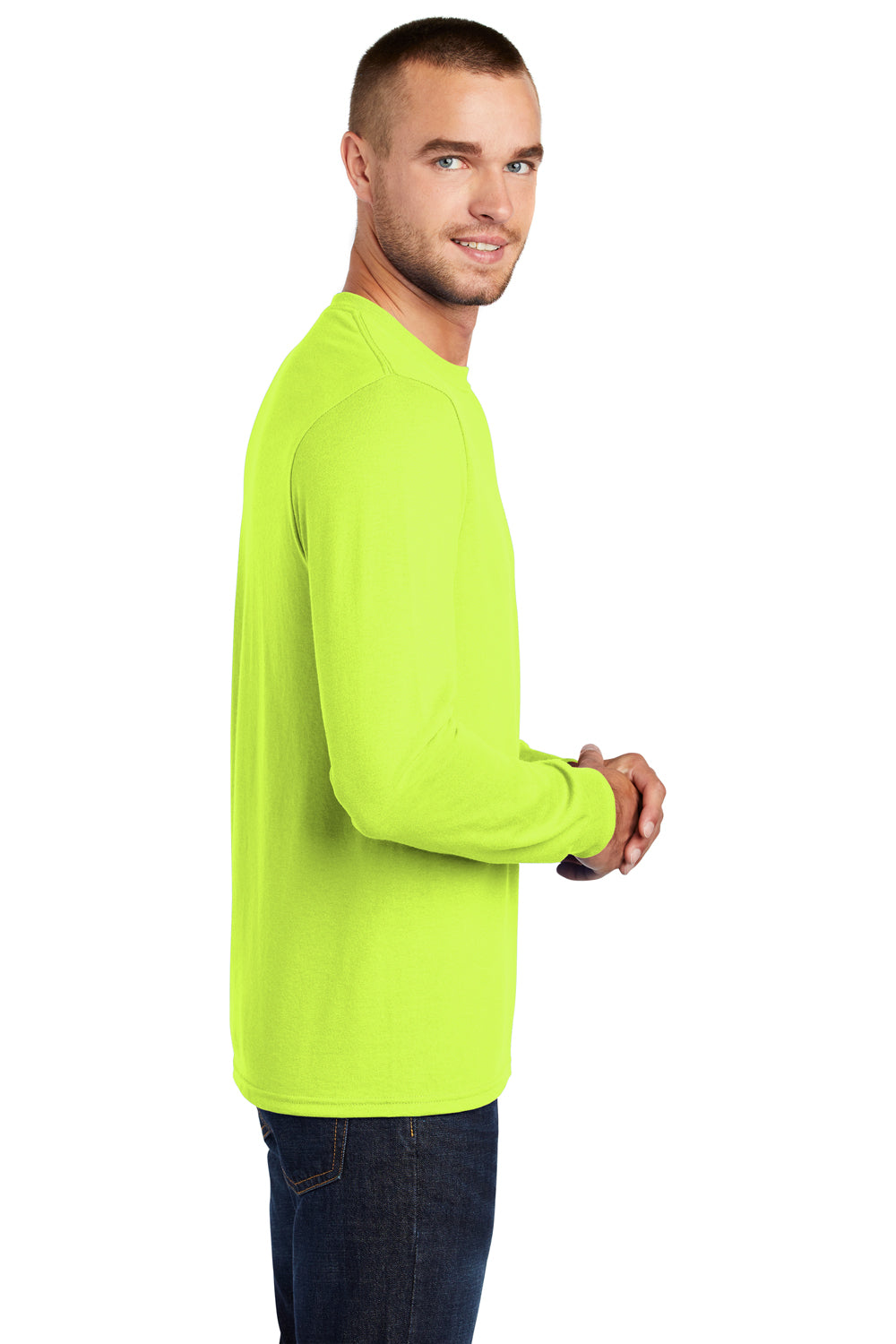 Port & Company PC55LS Mens Core Long Sleeve Crewneck T-Shirt Safety Green Side