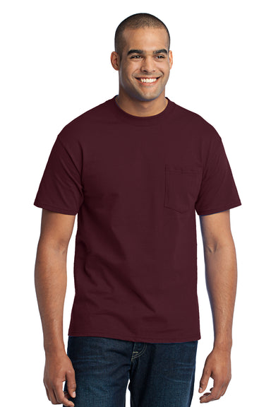 Port & Company PC55P Mens Core Short Sleeve Crewneck T-Shirt w/ Pocket Maroon Front