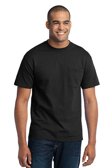 Port & Company PC55P Mens Core Short Sleeve Crewneck T-Shirt w/ Pocket Black Front