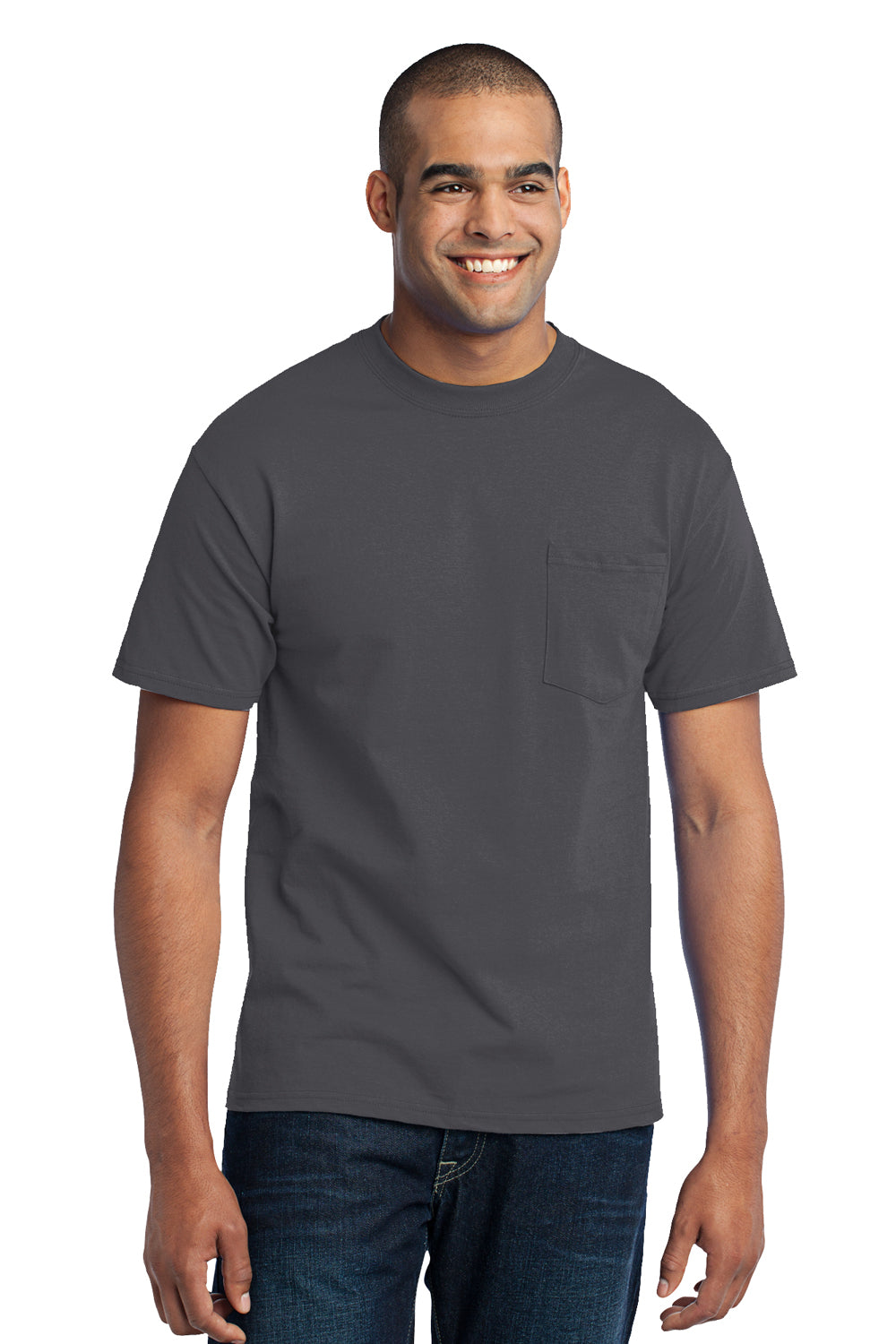 Port & Company PC55P Mens Core Short Sleeve Crewneck T-Shirt w/ Pocket Charcoal Grey Front
