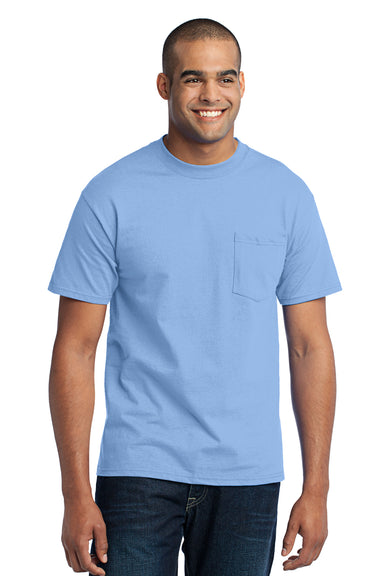 Port & Company PC55P Mens Core Short Sleeve Crewneck T-Shirt w/ Pocket Light Blue Front