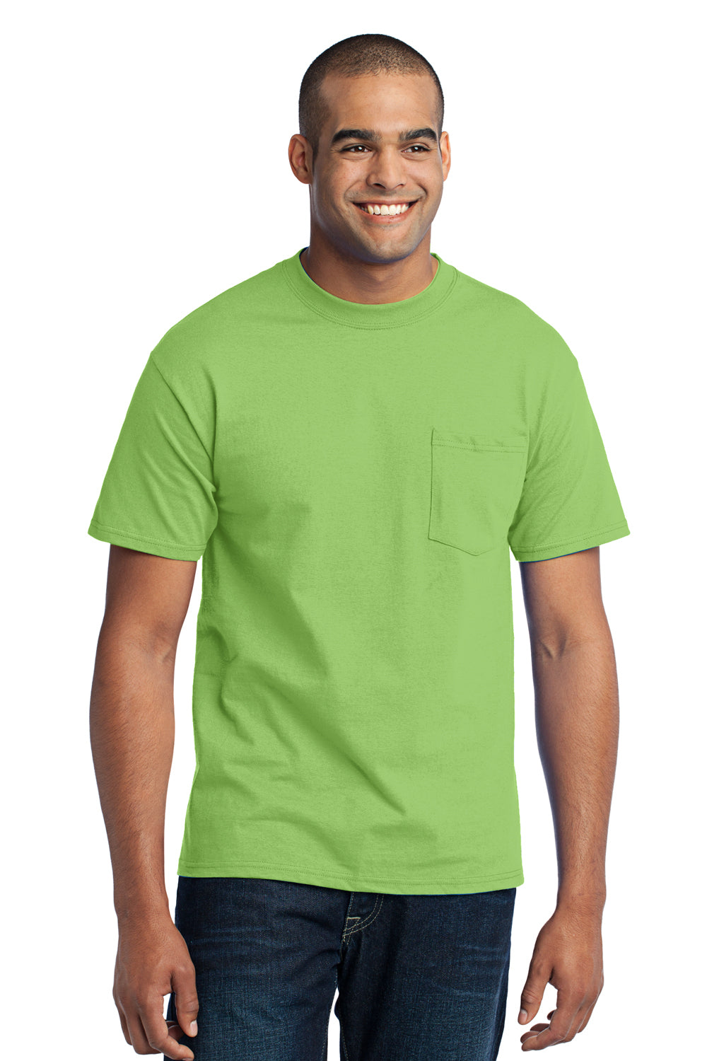Port & Company PC55P Mens Core Short Sleeve Crewneck T-Shirt w/ Pocket Lime Green Front