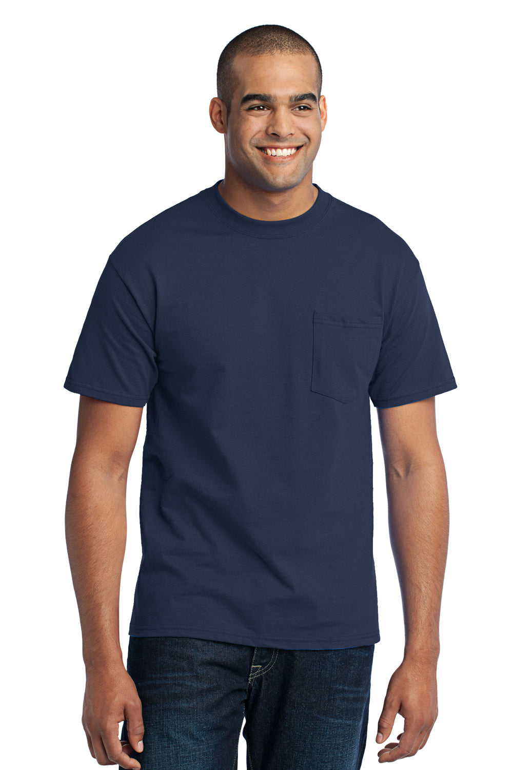 Port & Company PC55P Mens Core Short Sleeve Crewneck T-Shirt w/ Pocket Navy Blue Front