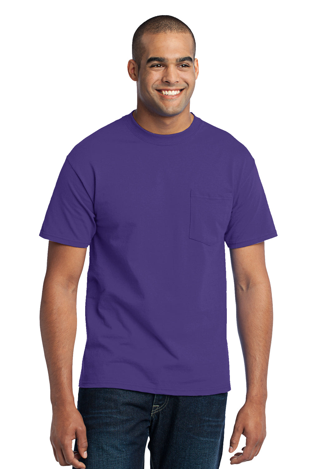 Port & Company PC55P Mens Core Short Sleeve Crewneck T-Shirt w/ Pocket Purple Front