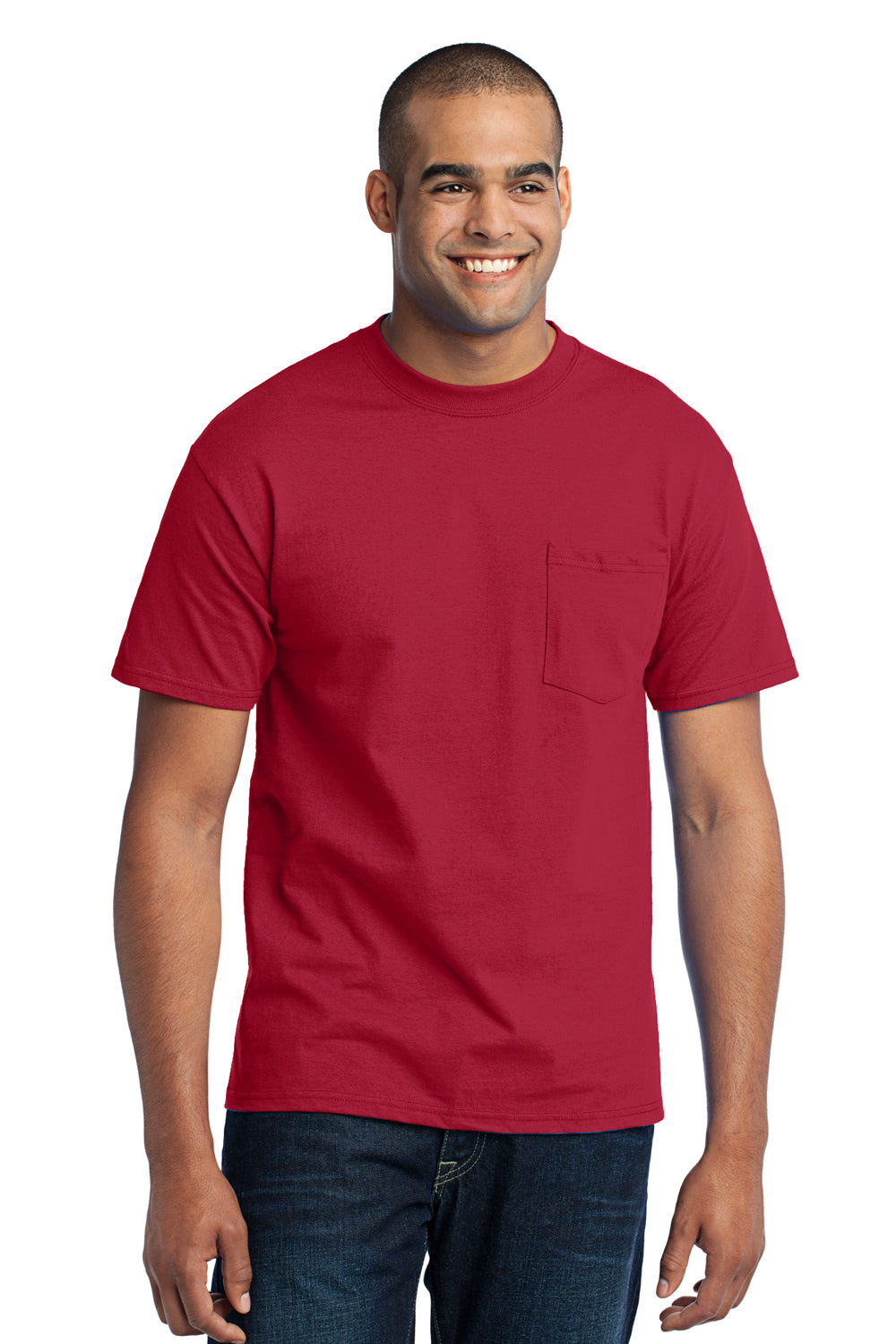 Port & Company PC55P Mens Core Short Sleeve Crewneck T-Shirt w/ Pocket Red Front