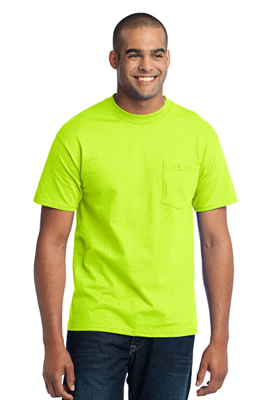 Port & Company PC55P Mens Core Short Sleeve Crewneck T-Shirt w/ Pocket Safety Green Front