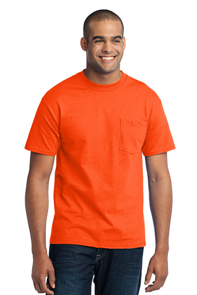 Port & Company PC55P Mens Core Short Sleeve Crewneck T-Shirt w/ Pocket Safety Orange Front