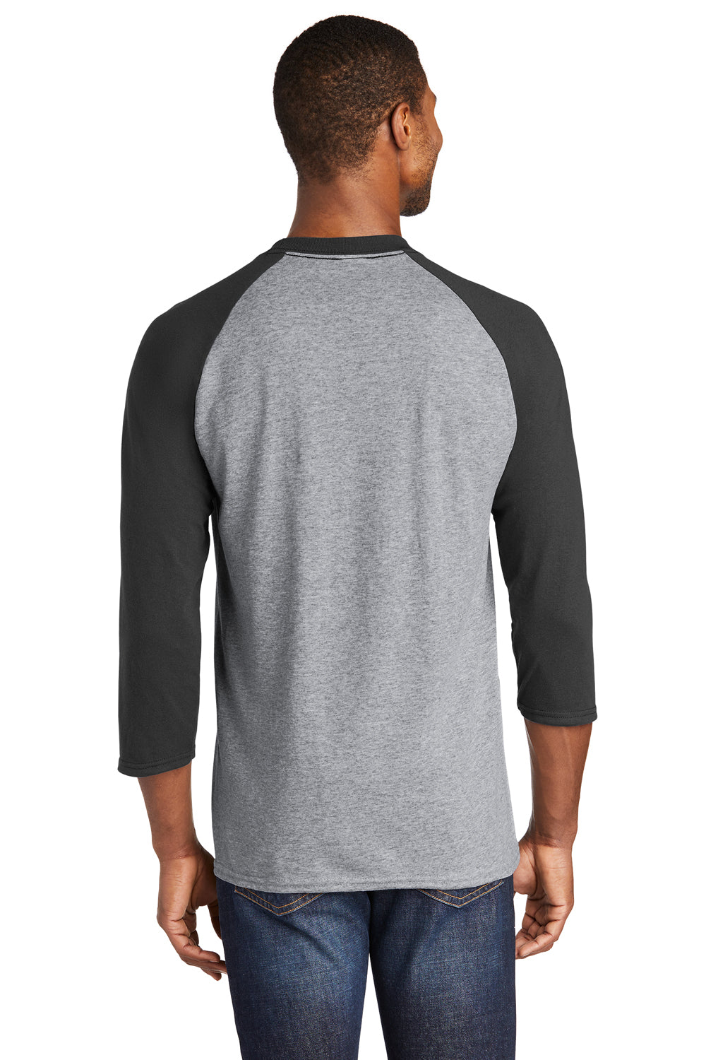 Port & Company PC55RS Mens Core Moisture Wicking 3/4 Sleeve Crewneck T-Shirt Heather Grey/Black Back