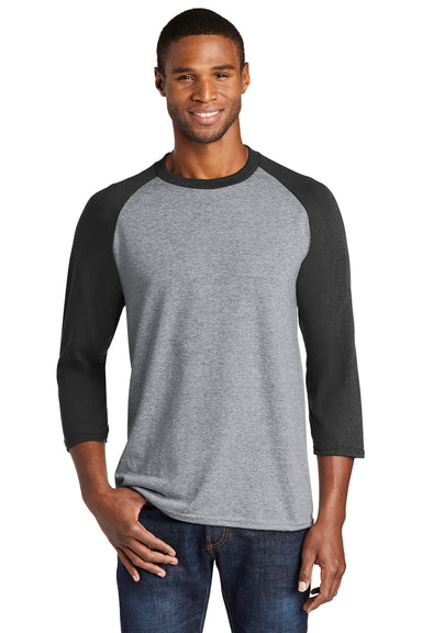 Port & Company PC55RS Mens Core Moisture Wicking 3/4 Sleeve Crewneck T-Shirt Heather Grey/Black Front