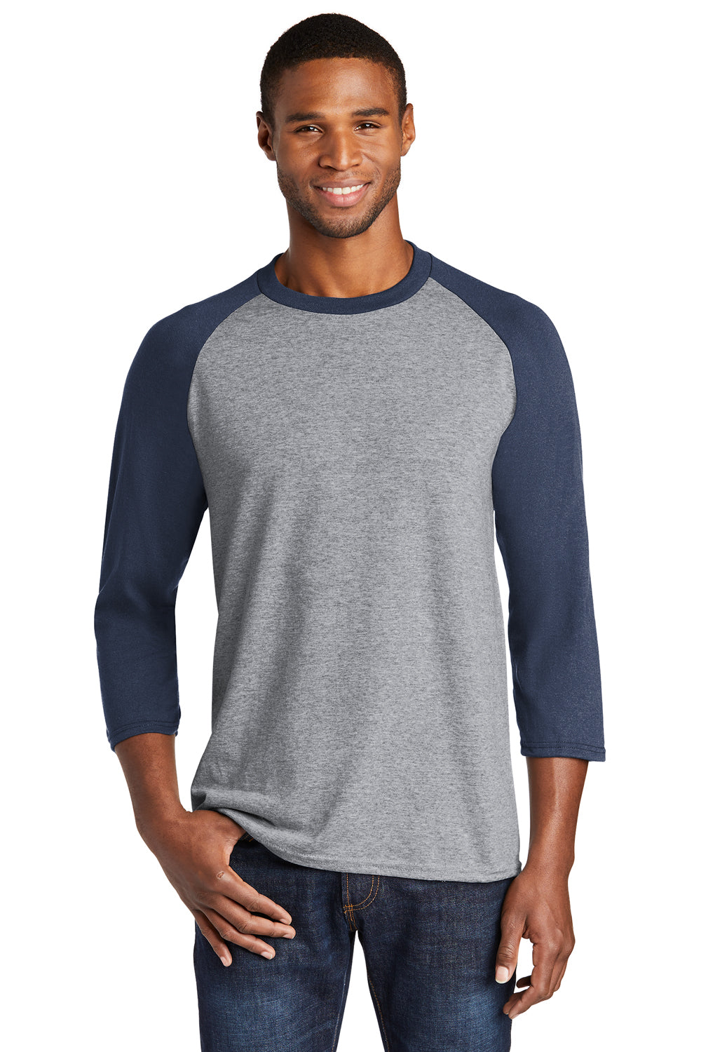 Port & Company PC55RS Mens Core Moisture Wicking 3/4 Sleeve Crewneck T-Shirt Heather Grey/Navy Blue Front