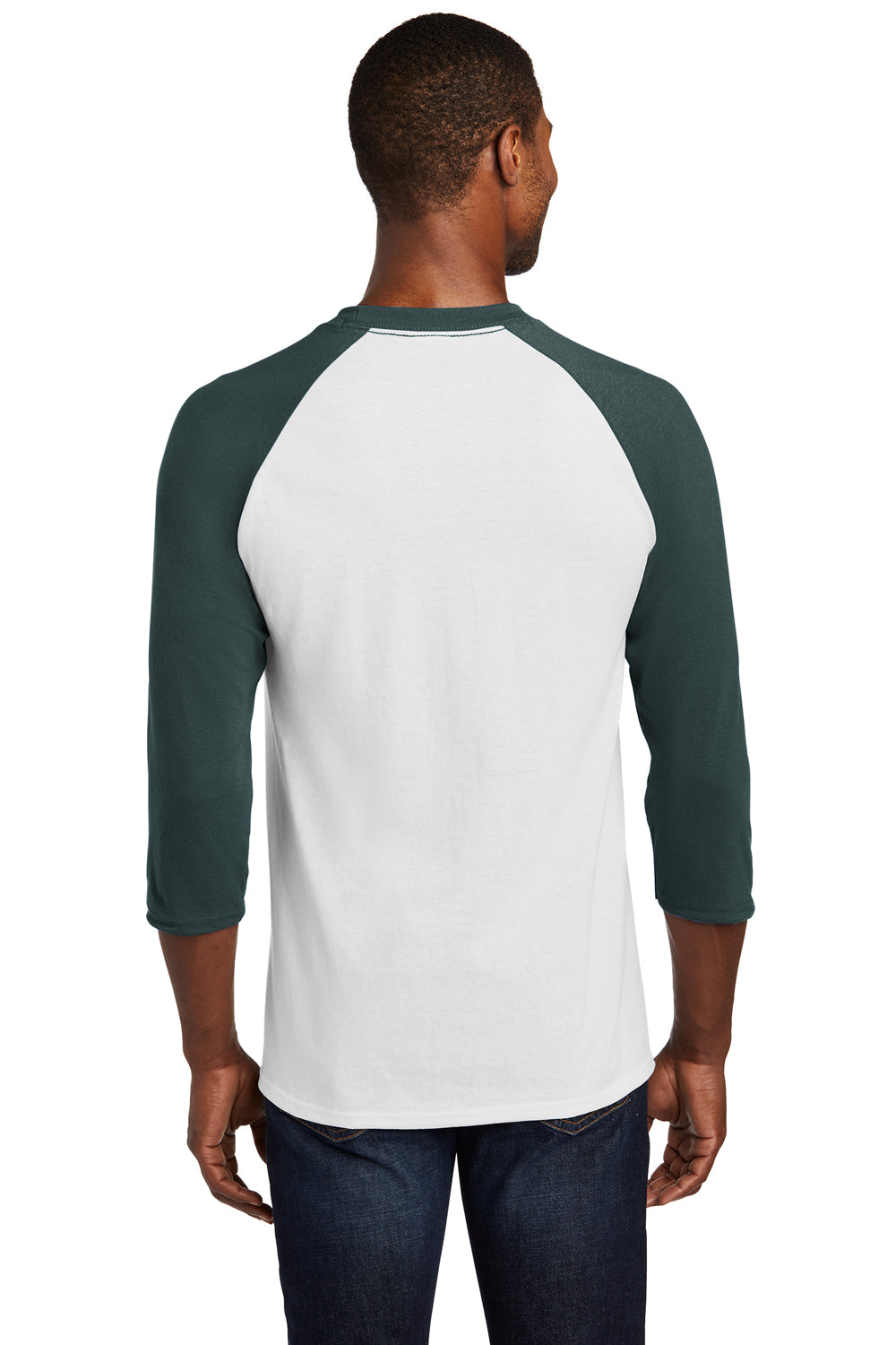 Port & Company PC55RS Mens Core Moisture Wicking 3/4 Sleeve Crewneck T-Shirt White/Dark Green Back