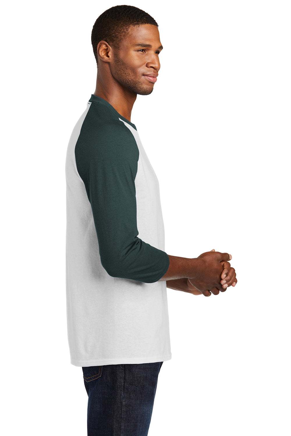 Port & Company PC55RS Mens Core Moisture Wicking 3/4 Sleeve Crewneck T-Shirt White/Dark Green Side