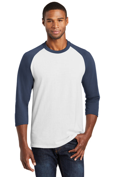 Port & Company PC55RS Mens Core Moisture Wicking 3/4 Sleeve Crewneck T-Shirt White/Navy Blue Front