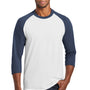 Port & Company Mens Core Moisture Wicking 3/4 Sleeve Crewneck T-Shirt - White/Navy Blue