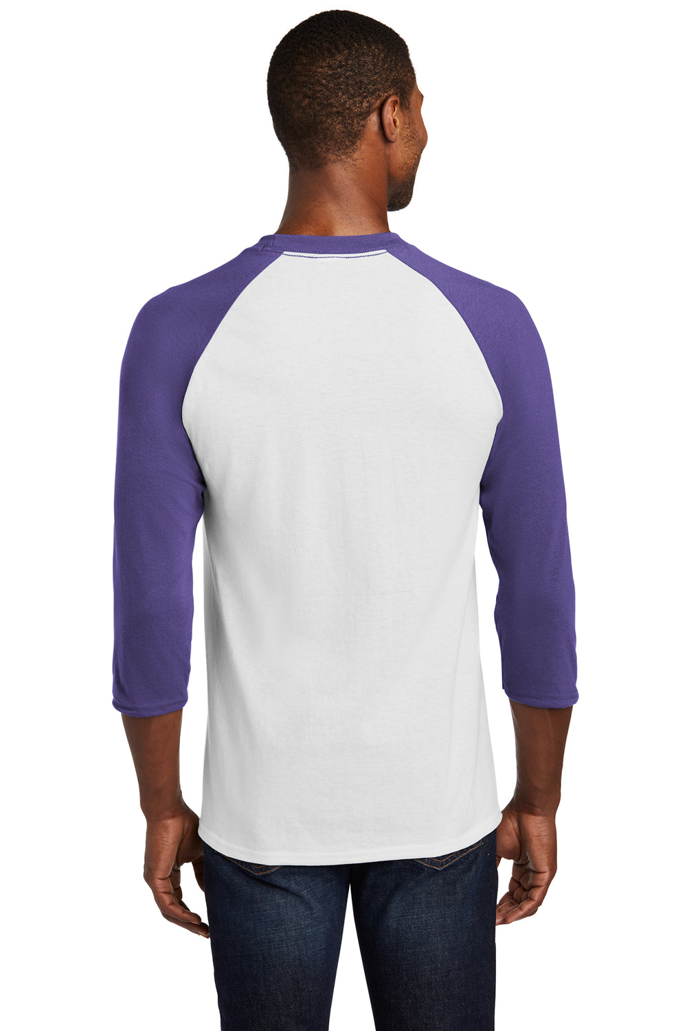 Port & Company PC55RS Mens Core Moisture Wicking 3/4 Sleeve Crewneck T-Shirt White/Purple Back
