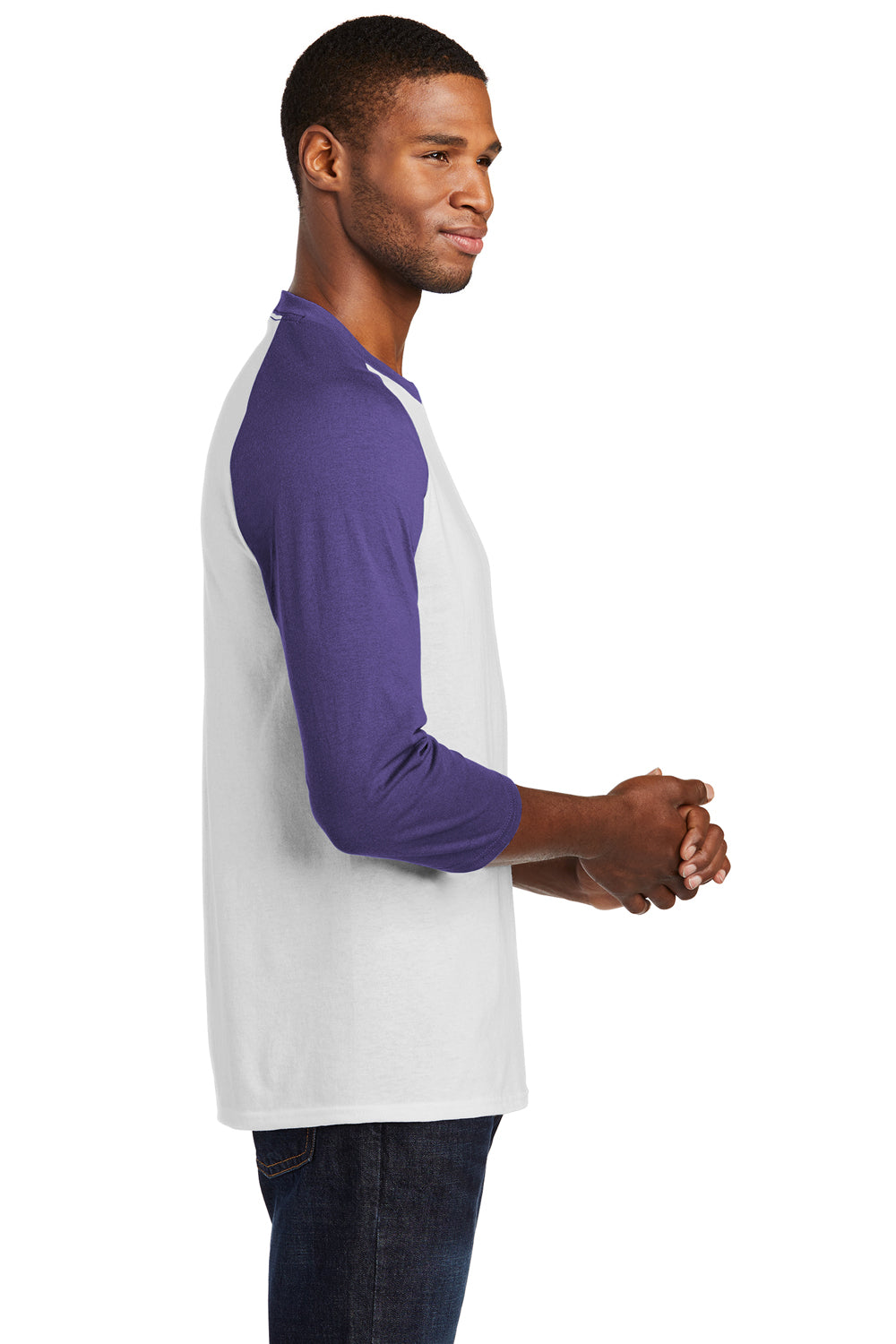 Port & Company PC55RS Mens Core Moisture Wicking 3/4 Sleeve Crewneck T-Shirt White/Purple Side