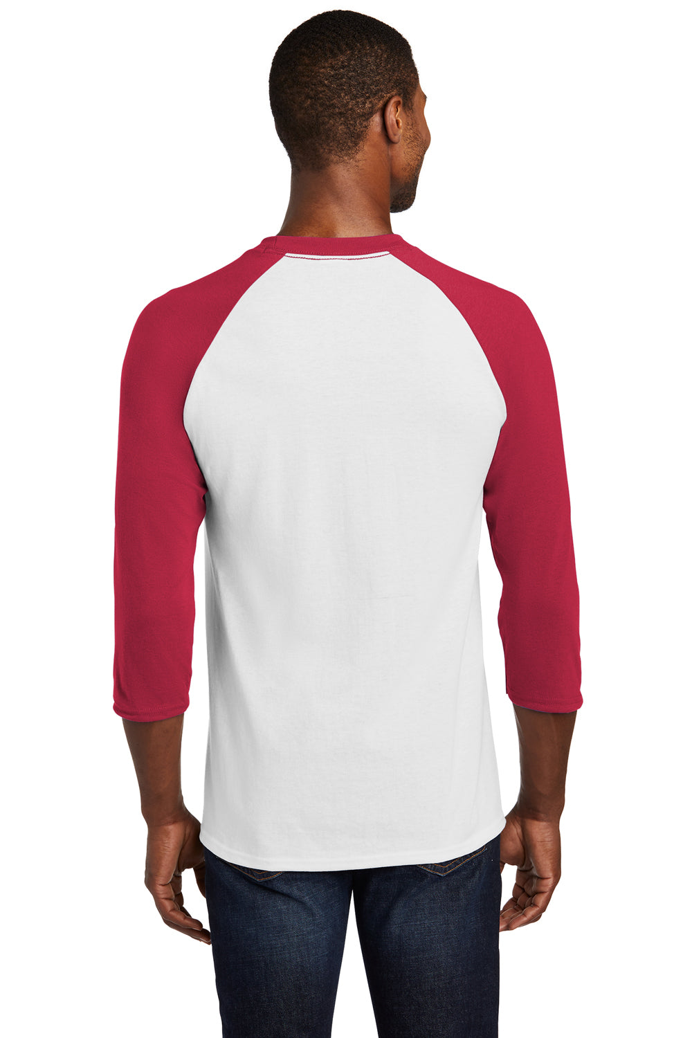 Port & Company PC55RS Mens Core Moisture Wicking 3/4 Sleeve Crewneck T-Shirt White/Red Back