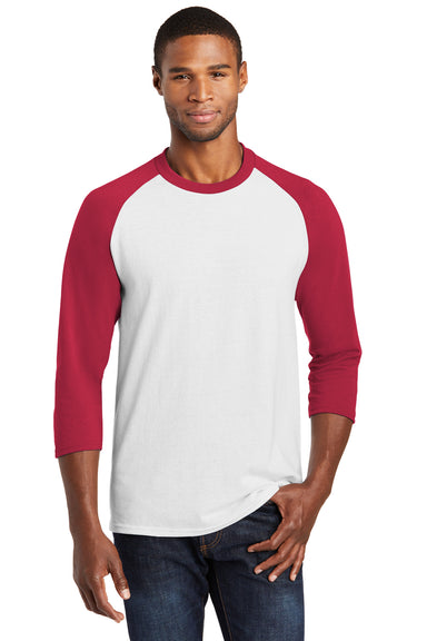 Port & Company PC55RS Mens Core Moisture Wicking 3/4 Sleeve Crewneck T-Shirt White/Red Front