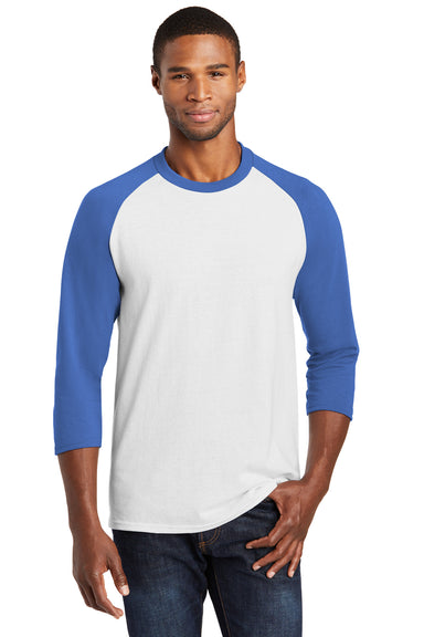 Port & Company PC55RS Mens Core Moisture Wicking 3/4 Sleeve Crewneck T-Shirt White/Royal Blue Front